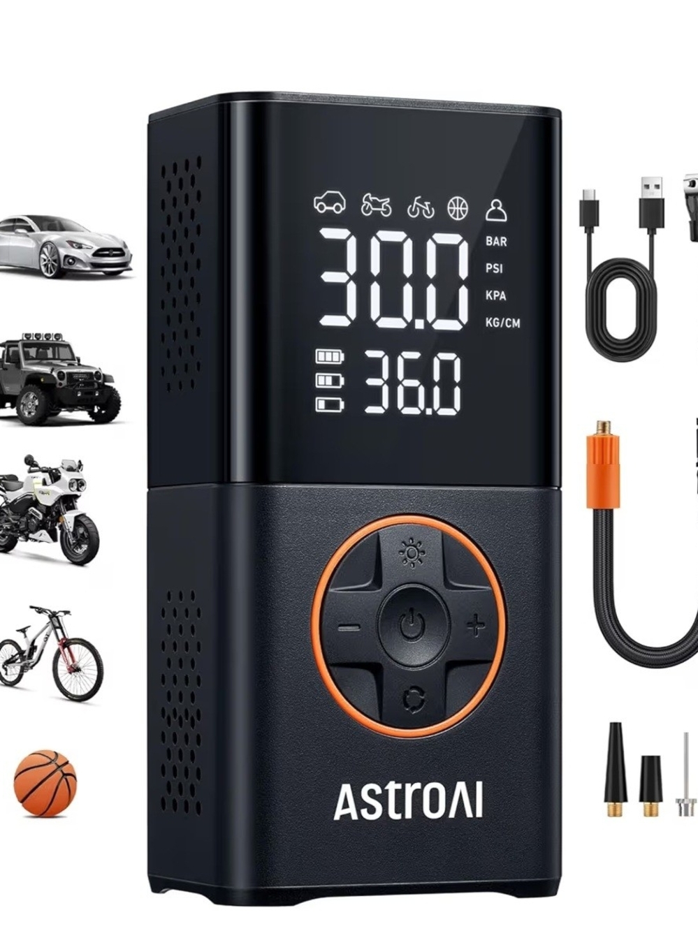 ASTROAI Portable Air Compressor Tire Inflator - Black with Orange Accents